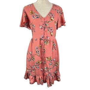 Xhilaration Women's Floral Print Short Sleeve V-Neck Button-Down Dress M pink